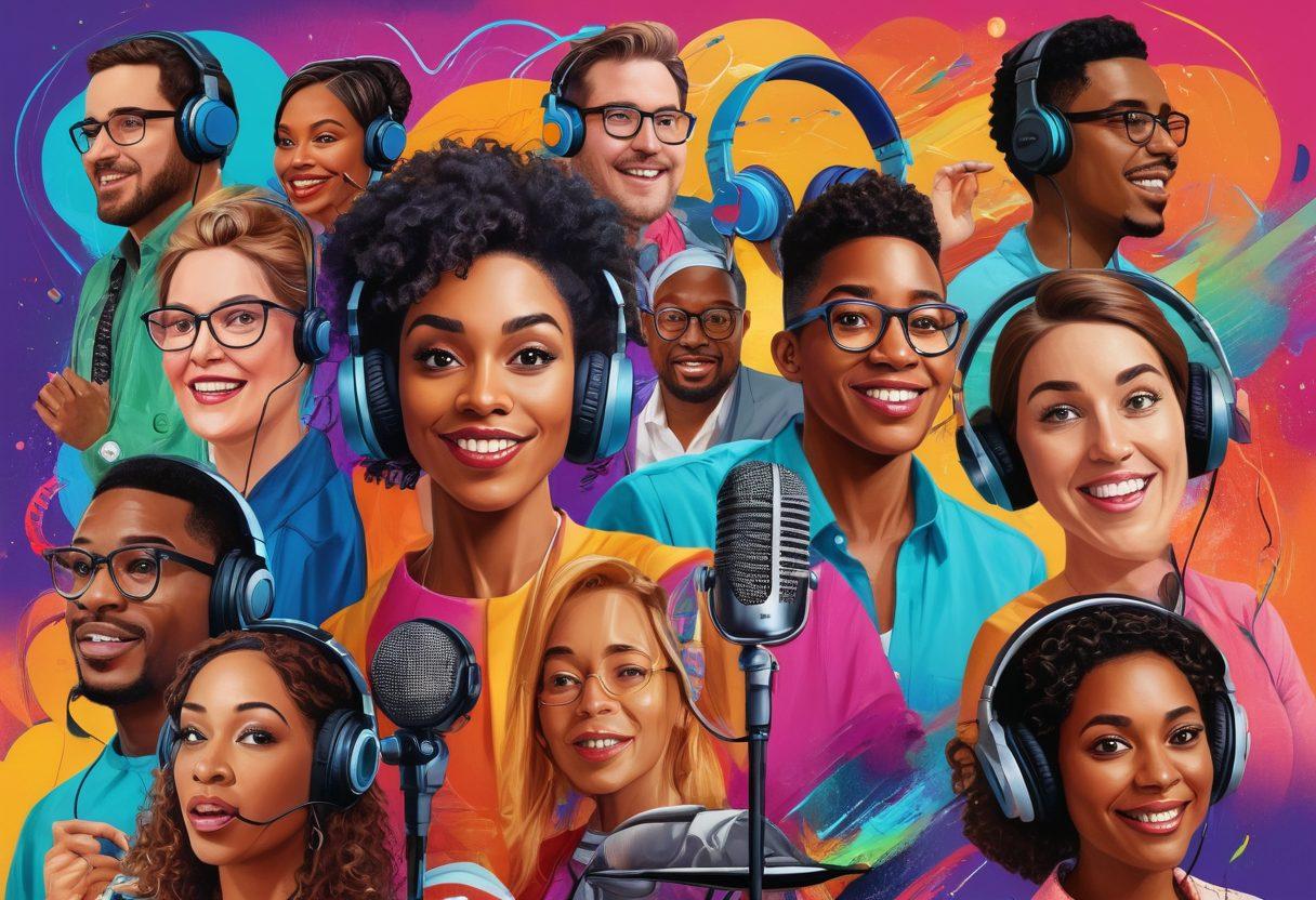 A vibrant collage of diverse podcast hosts from various backgrounds engaging in animated discussions, surrounded by colorful sound waves and symbols representing diverse content genres like storytelling, education, and comedy. Various podcast equipment like microphones and headphones are creatively integrated into the design, symbolizing the concept of swapping. Bright and modern style with a playful feel. super-realistic. vibrant colors.
