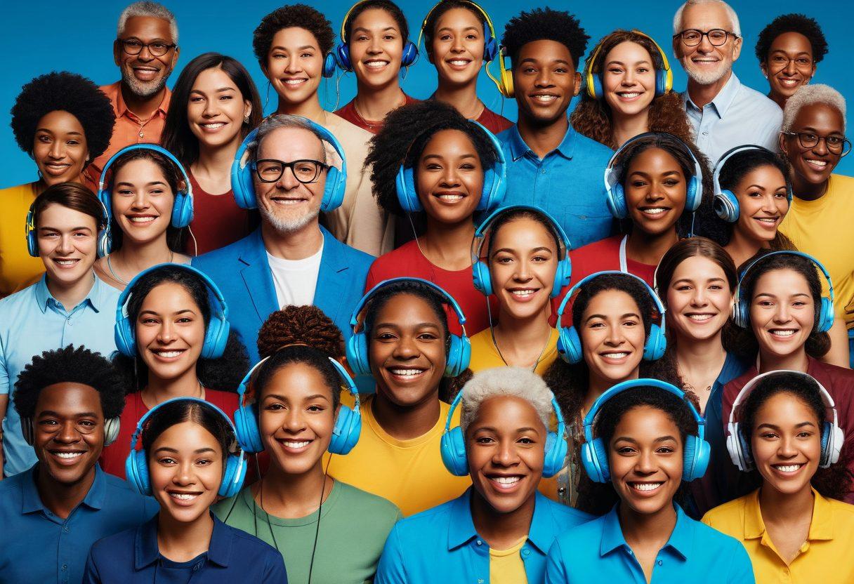 A visually striking representation of a diverse group of people exchanging headphones, symbolizing podcast swapping and community collaboration. Incorporate sound waves and digital elements flowing between them, illustrating the connection and engagement in audio content. Use vibrant colors to create an inviting atmosphere, blending technology and community vibes harmoniously. super-realistic. vibrant colors. 3D.