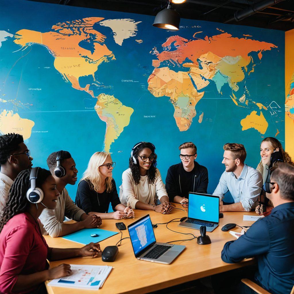 A diverse group of people of various ages and backgrounds sitting in a cozy podcast studio, collaborating on a project with microphones and sound equipment. They are animatedly discussing ideas, surrounded by a colorful world map showcasing global connections, with visual soundwaves emanating from them. Bright and inviting atmosphere to symbolize community collaboration. bright colors. vibrant. super-realistic.